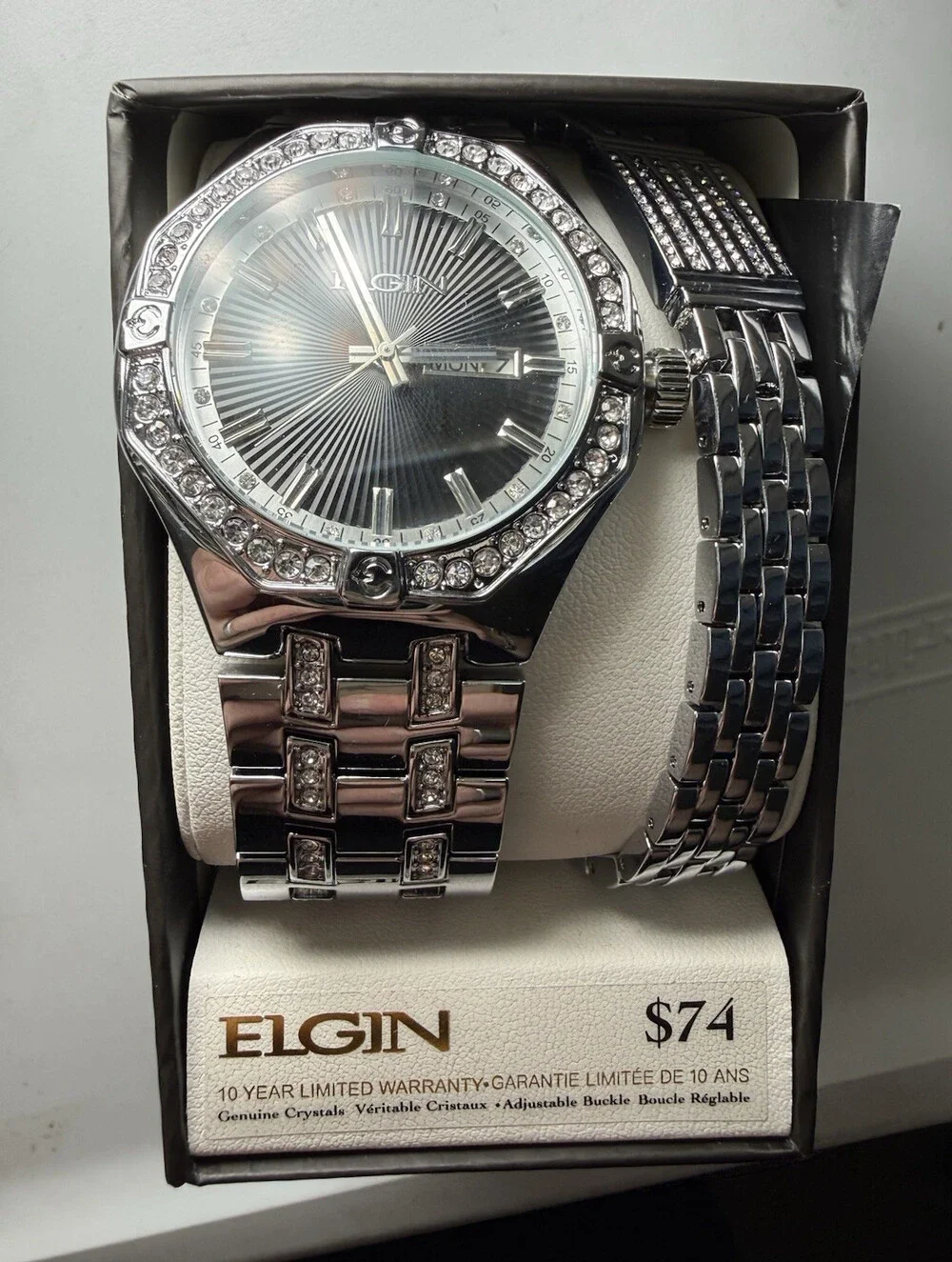 Elgin Men’s Crystal Watch & Bracelet Gift Set Silver Tone New Old Stock Box